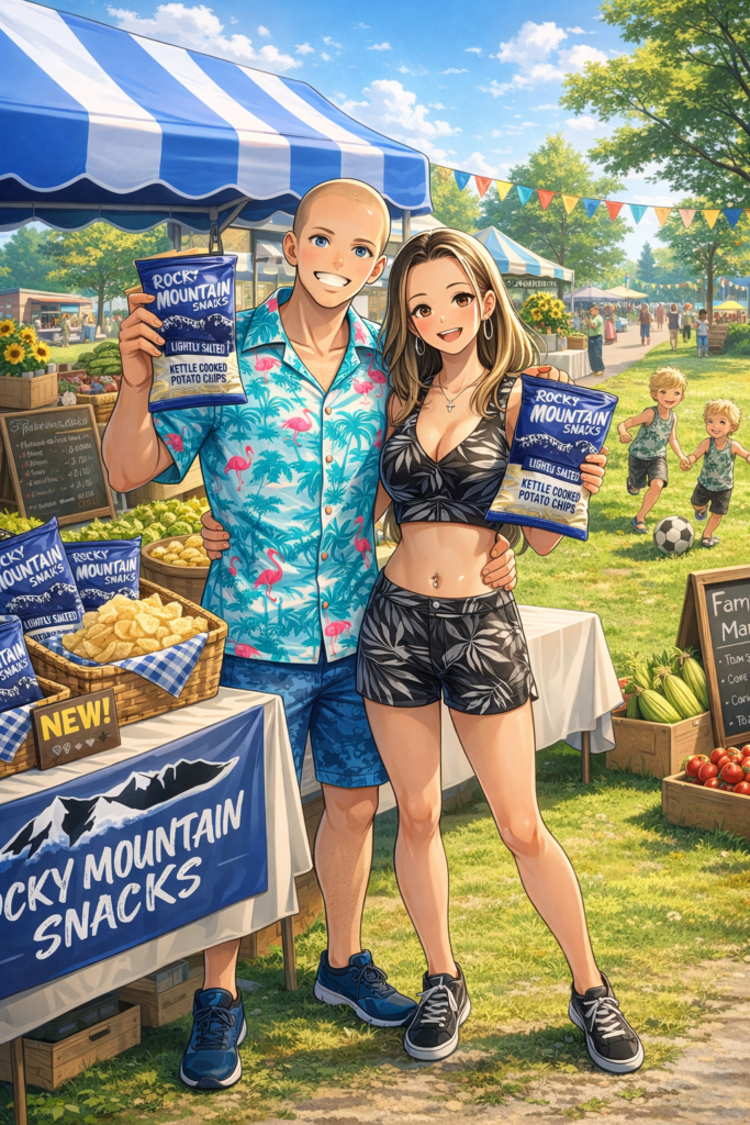 An anime-style illustration of a smiling couple holding bags of Rocky Mountain Snacks Lightly Salted Kettle Cooked Potato Chips at a sunny outdoor farmers market booth.