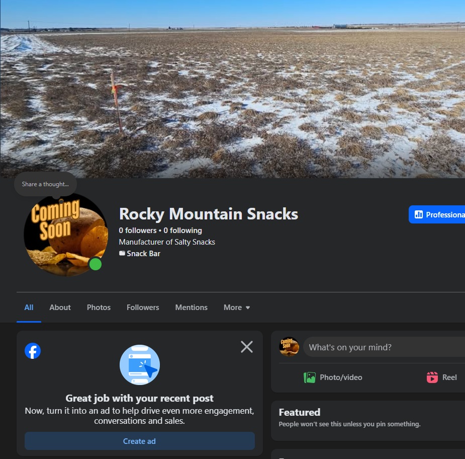 A screenshot of the newly created Rocky Mountain Snacks Facebook business page in dark mode, featuring a snowy prairie field as the cover photo and a "Coming Soon" potato graphic as the profile picture.